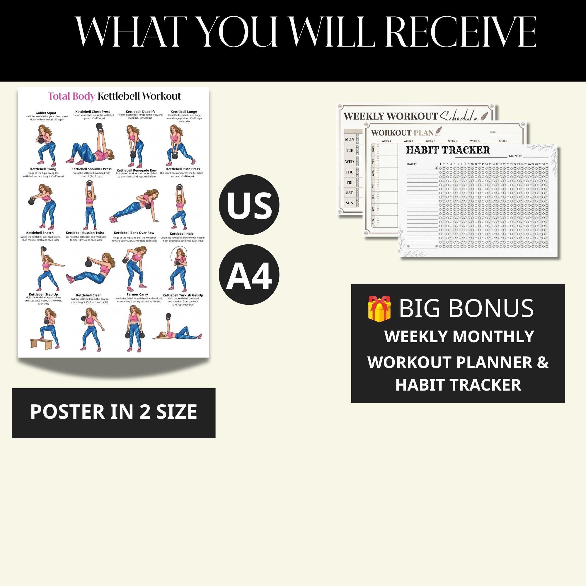 Kettlebell Full Body Exercises Poster | Beginner Kettlebell Workout