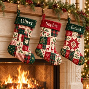 Personalisierter Weihnachtsstrumpf, individuell gesteppter Weihnachtsstrumpf, Patchwork-Weihnachtsstrumpf für die Familie, Weihnachtsdekoration für den Kaminsims, Weihnachtsgeschenk