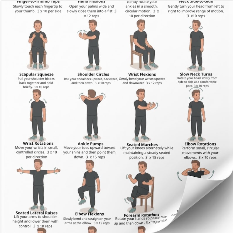 May include: A white poster with illustrations demonstrating various exercises. The exercises include finger touches, fist clenches, ankle rotations, and head turns. Each exercise is accompanied by instructions and repetitions.