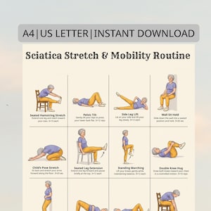 May include: A printable guide titled "Sciatica Stretch & Mobility Routine" with illustrations of various exercises. The exercises include stretches like Seated Hamstring Stretch and Child's Pose, and are designed to improve mobility.