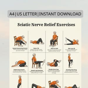 Könnte beinhalten: Beige Infografik mit dem Titel "Sciatic Nerve Relief Exercises" mit Illustrationen von Übungen. Die Übungen umfassen Dehnübungen und Posen wie sitzender Beinbeuger-Dehnung, Beckenkippung, Wand-Sitzen und seitliches Beinheben. Der Text "A4 | US LETTER | INSTANT DOWNLOAD" steht oben.