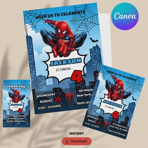 Könnte beinhalten: Ein Set aus blauen und weißen Spider-Man-Geburtstagseinladungen und Dankeskarten. Die Einladung zeigt Spider-Man, Stadtsilhouetten und den Text "Feiern Sie mit uns" und "Jackson wird 4".