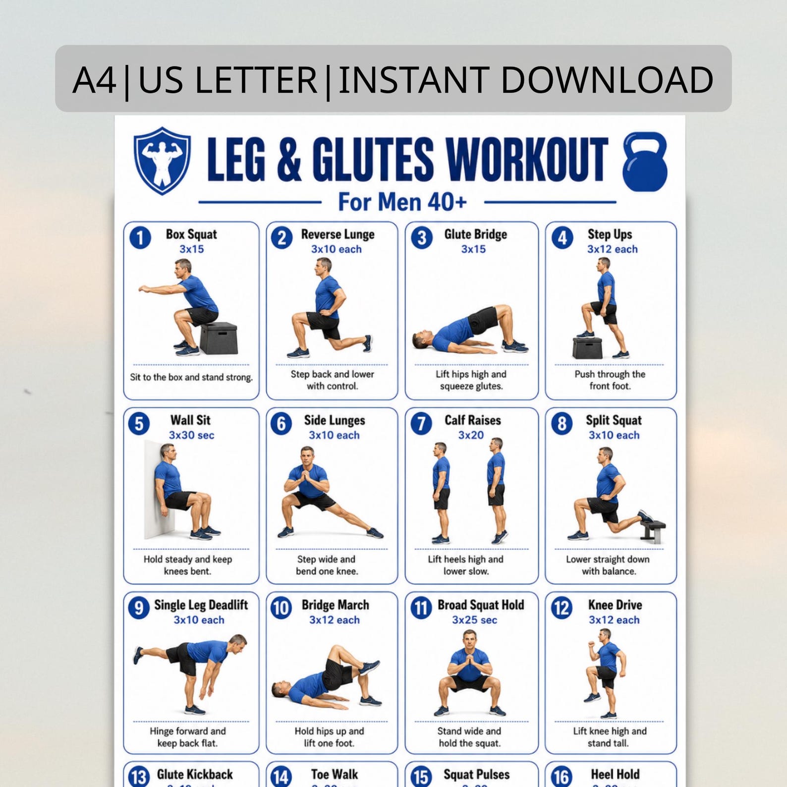 Leg & Glutes Workout for Men 40+ | Printable Lower Body Exercise Chart ...