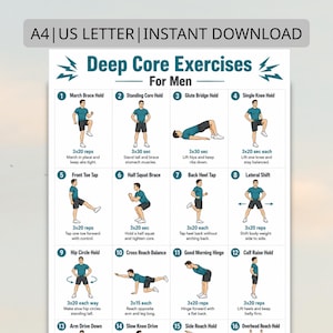May include: A white exercise chart titled "Deep Core Exercises For Men." The chart features 16 illustrated exercises with instructions, including March Brace Hold, Glute Bridge Hold, and Calf Raise Hold. The text "A4 | US LETTER | INSTANT DOWNLOAD" is at the top.
