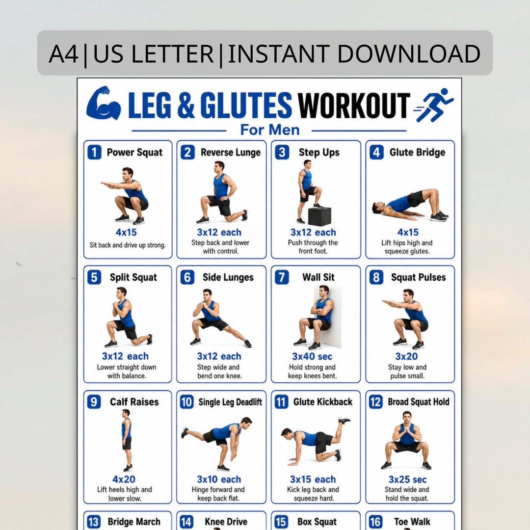Leg & Glutes Workout for Men | Printable Lower Body Exercise Chart PDF ...