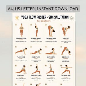 Op de afbeelding: Een yoga flow poster met illustraties van verschillende yogahoudingen, waaronder Bergpose, Opwaartse Groet en Krijger Twee. De poster is getiteld "Yoga Flow Poster - Sun Salutation For Beginners" en bevat de tekst "A4 | US LETTER | INSTANT DOWNLOAD".