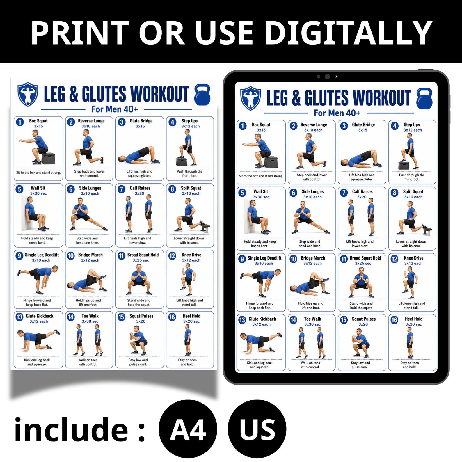 Leg & Glutes Workout for Men 40+ | Printable Lower Body Exercise Chart ...