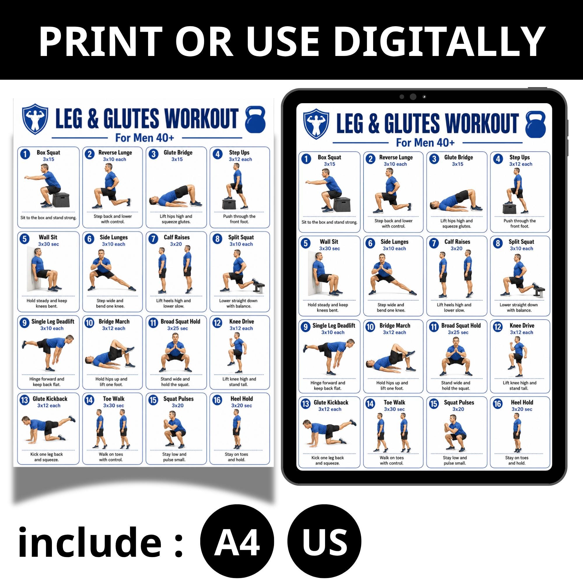 Leg & Glutes Workout for Men 40+ | Printable Lower Body Exercise Chart ...