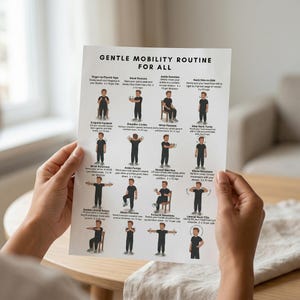 May include: A white printed sheet titled "Gentle Mobility Routine For All" is held by a person. The sheet features illustrations demonstrating various exercises, including finger-to-thumb taps, hand flexions, and ankle rotations. The exercises are designed for all.
