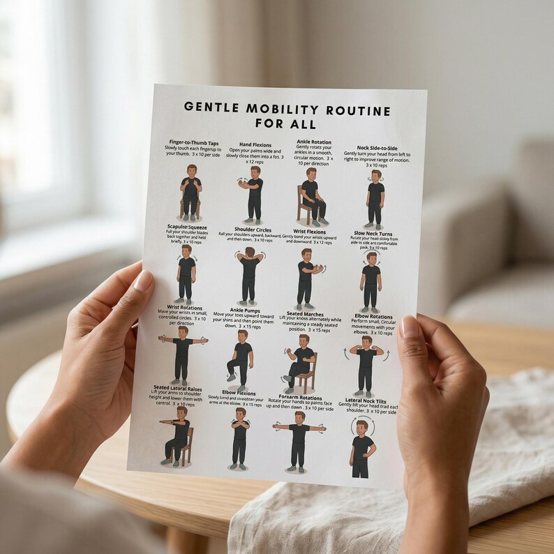 May include: A white printed sheet titled "Gentle Mobility Routine For All" is held by a person. The sheet features illustrations demonstrating various exercises, including finger-to-thumb taps, hand flexions, and ankle rotations. The exercises are designed for all.