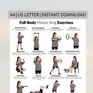Könnte beinhalten: Ein Leitfaden für Ganzkörper-Pilates-Ringübungen. Das Bild zeigt verschiedene Übungen, darunter Ring-Brustpresse, Überkopf-Squeeze, Impulspresse und Seitenpresse. Jede Übung wird mit einer Person demonstriert und beinhaltet die Anzahl der Wiederholungen.