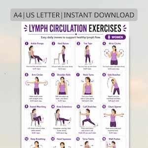 May include: A white infographic with purple accents, titled "Lymph Circulation Exercises." It features 16 illustrated exercises for women, including ankle pumps, heel raises, toe taps, and wrist circles, with instructions for each.