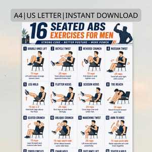 May include: A printable workout guide titled "16 Seated Abs Exercises for Men." The guide features illustrations of exercises like double knee lifts, bicycle twists, and Russian twists. The guide is designed to improve core strength, posture, and power.