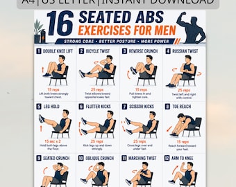16 Seated Abs Exercises for Men Printable, Chair Core Workout Poster, Strong Seated Ab Exercise Chart, Fitness PDF Digital Download