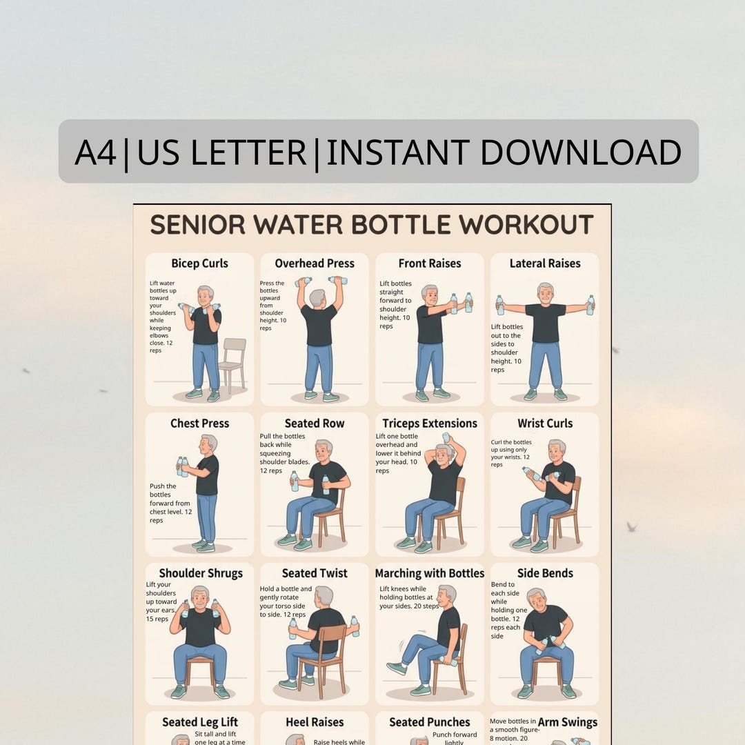 Water Container Exercise Senior Exercise Chart Printable, 16 Water Bottle Exercises for Seniors ...