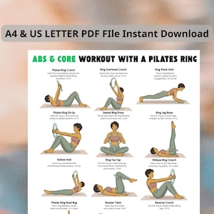 Op de afbeelding: Een afdrukbare PDF-workoutgids voor buik- en core-oefeningen met een Pilates-ring. De gids bevat geïllustreerde instructies voor verschillende oefeningen, met tekstinstructies.