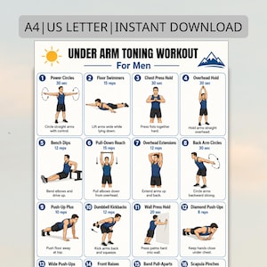 Puede incluir: Un gráfico de entrenamiento titulado "Under Arm Toning Workout For Men" con ilustraciones de ejercicios. Incluye ejercicios como Power Circles, Floor Swimmers, Chest Press Hold y Overhead Hold. El gráfico está disponible para descarga instantánea.