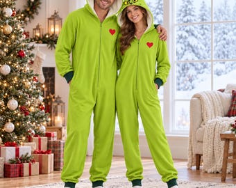 Family Green Monster Christmas Pajamas, Hooded Fleece Onesie, Green One Pajamas, Holiday Family Matching Sleepwear, Cute Christmas Gift