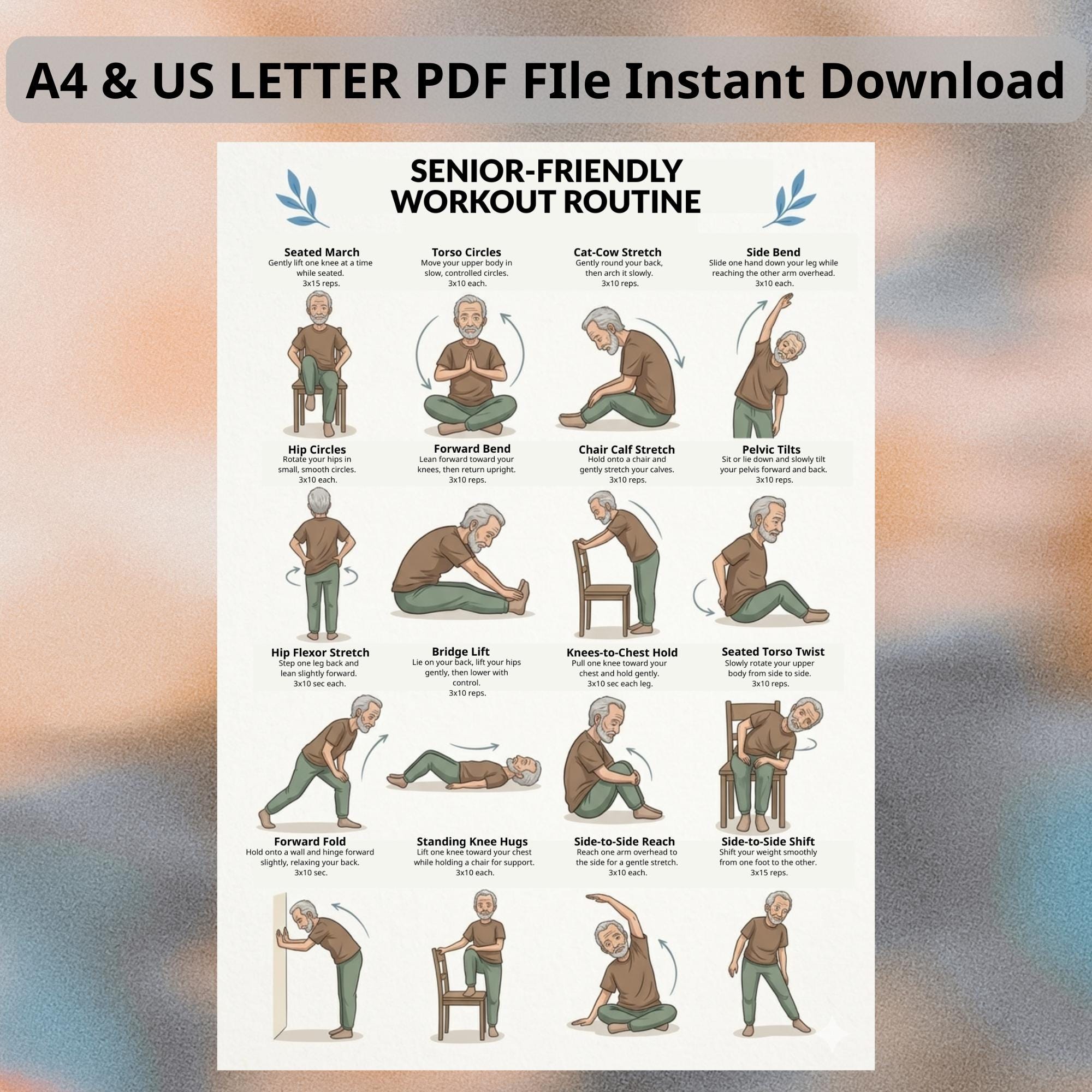 Senior Workout Routine Poster, Balance & Strength Exercises for Seniors ...
