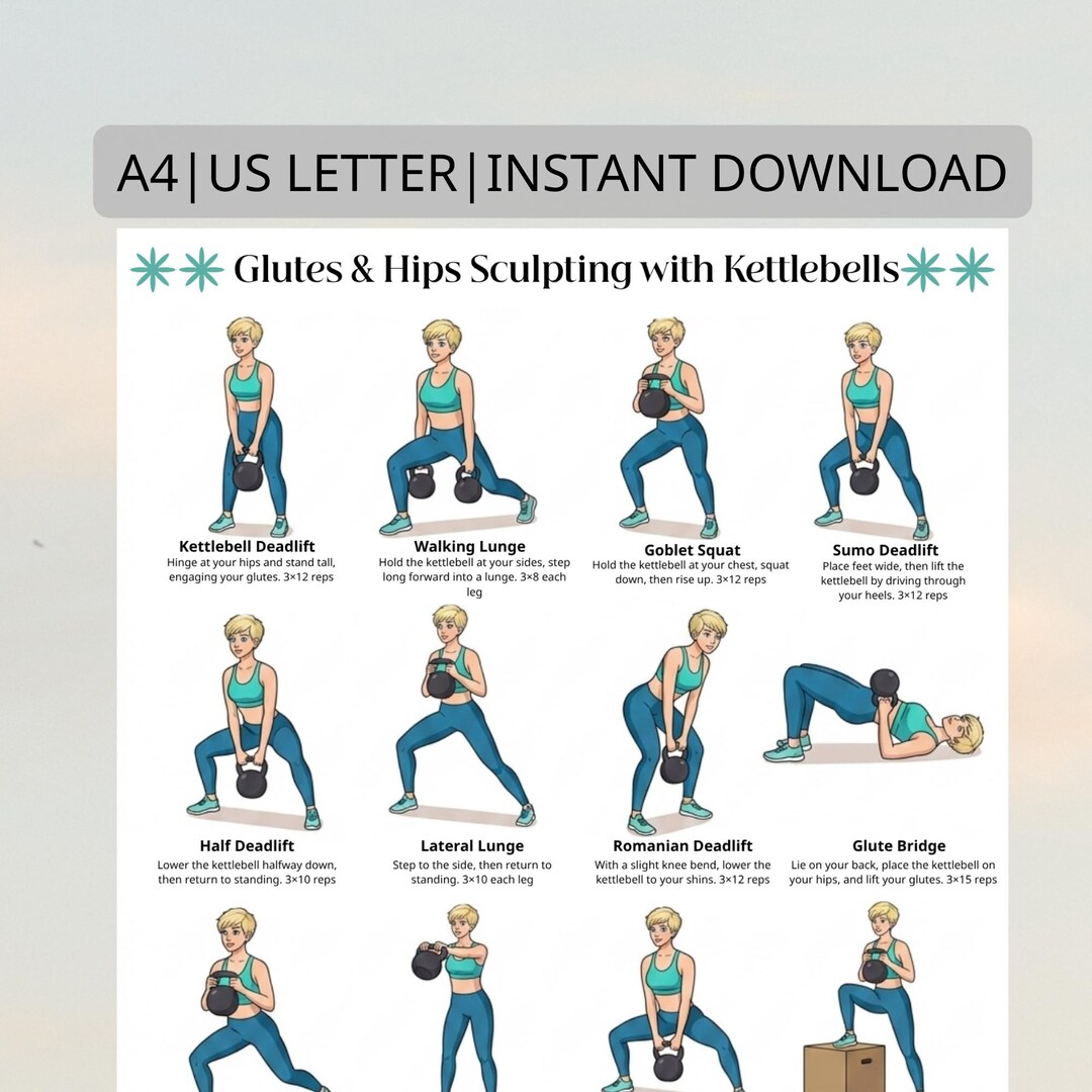 Kettlebell Glutes and Hips Workout Poster, Lower Body Exercise Chart ...