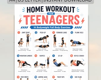 Rutina de ejercicios en casa para adolescentes (imprimible), póster con 16 ejercicios de cuerpo completo con peso corporal, tabla de ejercicios para adolescentes, rutina de ejercicios sin equipo (imprimible)
