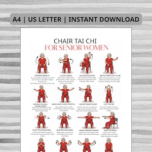 Puede incluir: Una guía imprimible de ejercicios de Tai Chi en silla para mujeres mayores. El póster presenta ilustraciones de varios movimientos con texto descriptivo. La parte superior del póster dice "A4 | US LETTER | INSTANT DOWNLOAD".