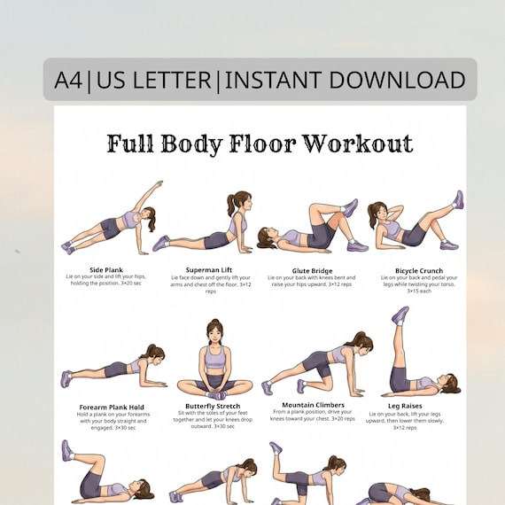Full Body Floor Exercises Printable | Bodyweight Workout Chart | Home Full Body Exercise Poster PDF | No Equipment Workout Routine Sheet
