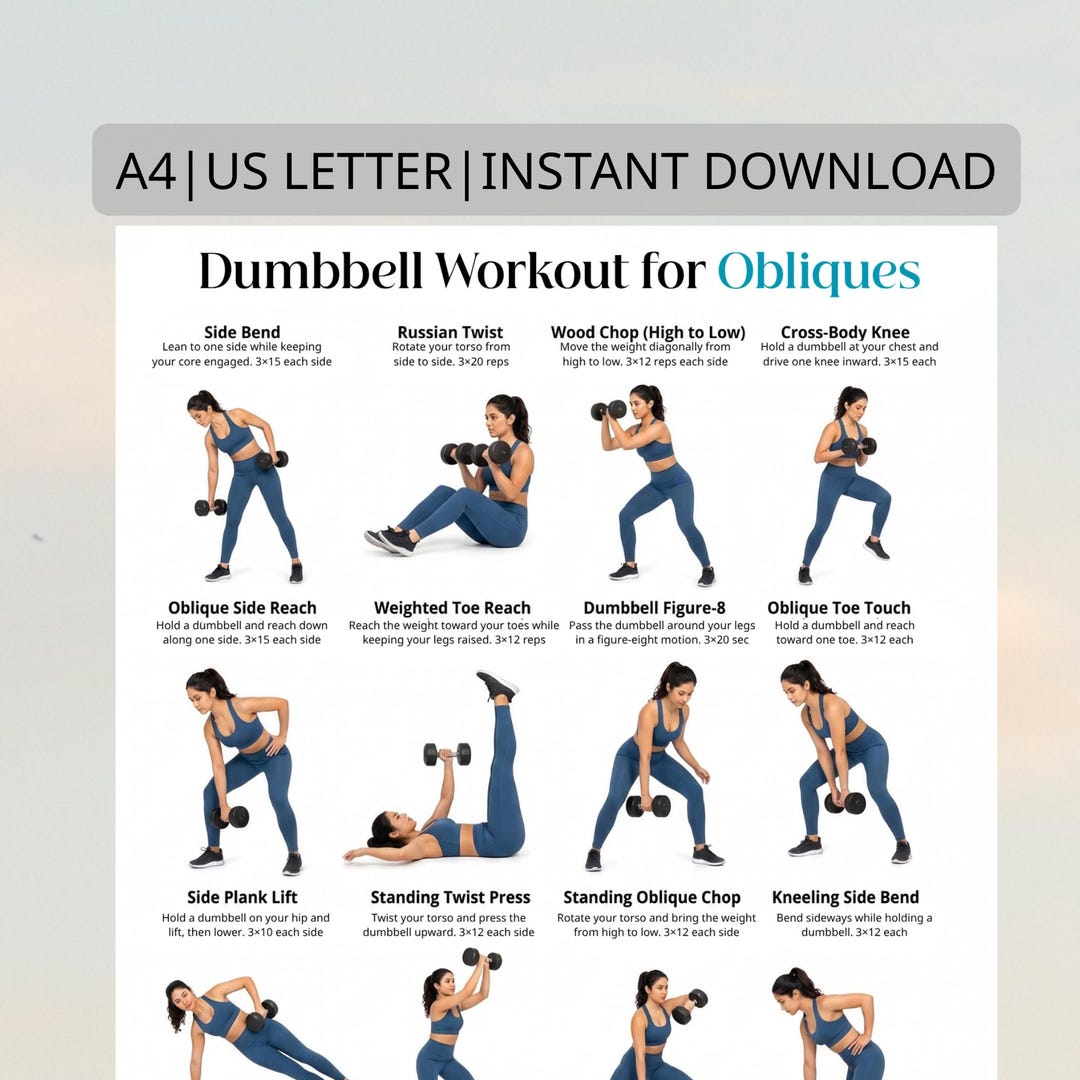Dumbbell Obliques Workout Poster, Dumbbell Core Exercises Printable ...