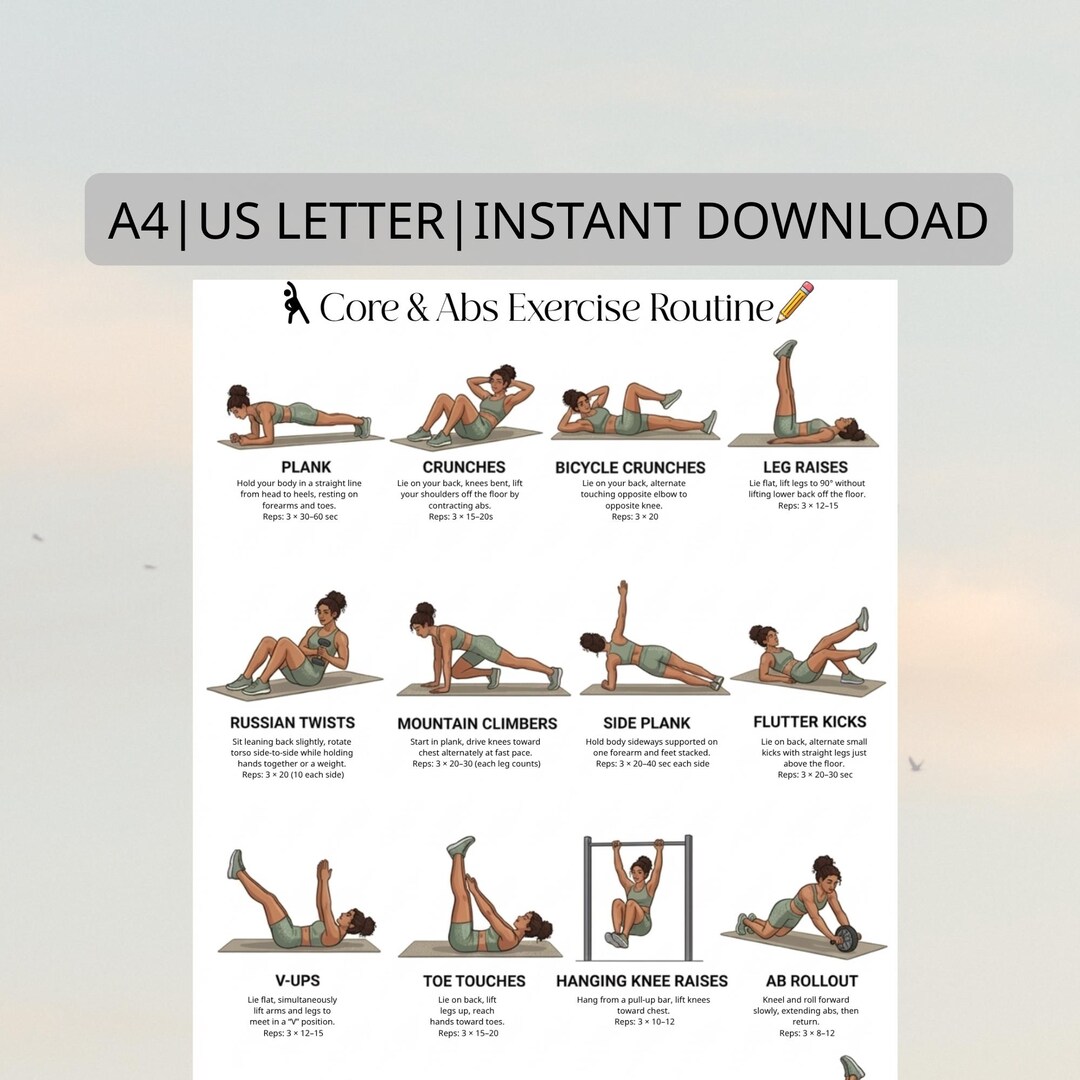 Core & Abs Challenge Poster, Ab Workout Printable, Core Exercise Wall ...
