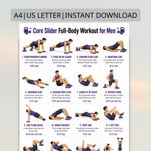 Pode incluir: Um guia de treino imprimível intitulado "Core Slider Full-Body Workout for Men". O guia apresenta exercícios ilustrados, incluindo alpinistas, flexões, deslizamentos de prancha de antebraço, flexões de isquiotibiais e muito mais. O texto "A4 | US LETTER | INSTANT DOWNLOAD" está no topo.
