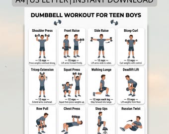 Rutina de ejercicios con mancuernas para adolescentes / Tabla de ejercicios de cuerpo completo en PDF / Entrenamiento de fuerza para adolescentes (imprimible) / Póster de ejercicios para el hogar