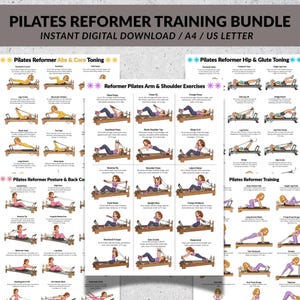 Op de afbeelding: Een Pilates reformer trainingsbundel met diverse oefenkaarten. De kaarten bevatten oefeningen voor buikspieren, core, heupen, billen, houding, rug, armen en schouders. De tekst bevat "Pilates Reformer Training Bundle" en "Instant Digital Download / A4 / US Letter."