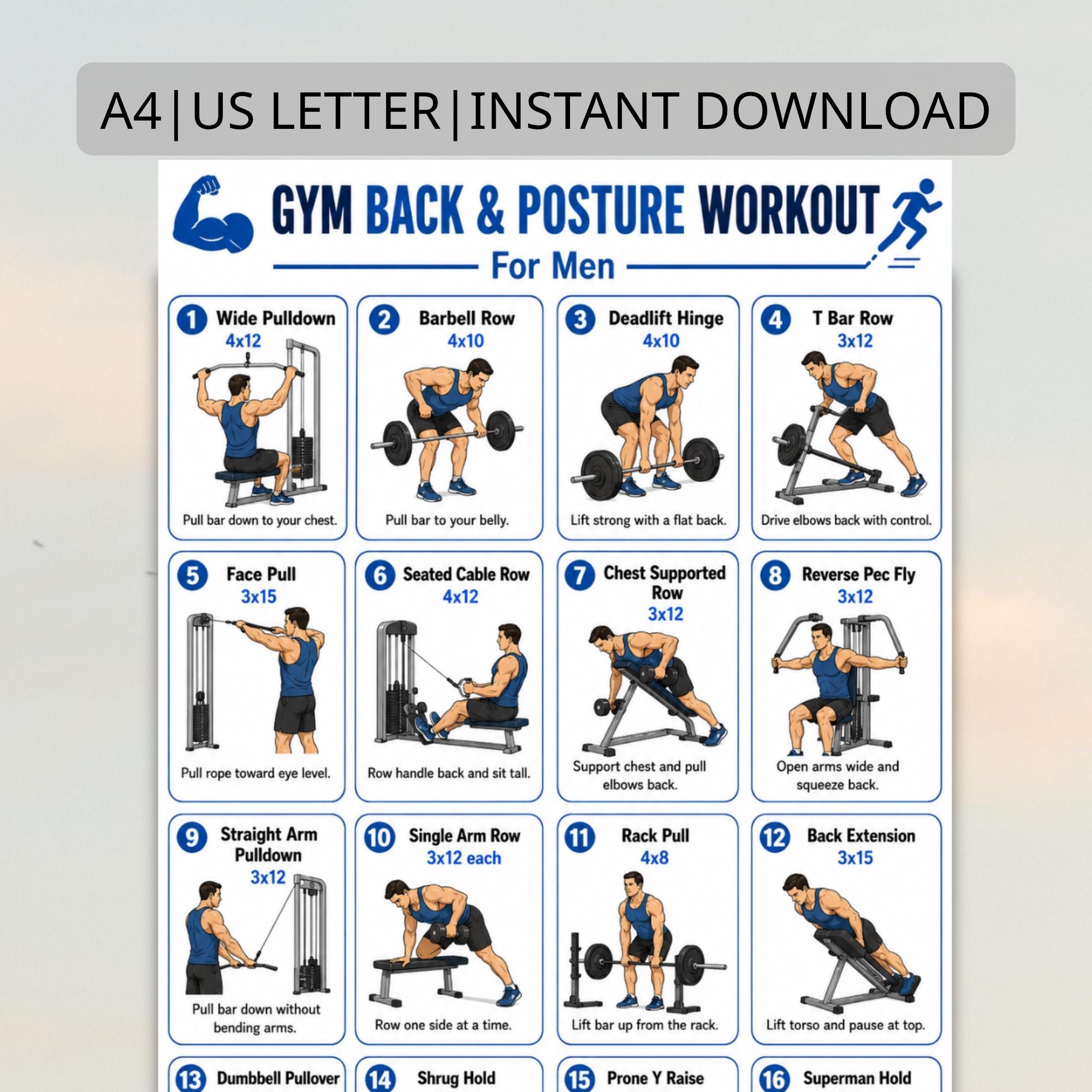 Men Back & Posture Workout Chart | Printable Gym Exercise PDF | Upper ...