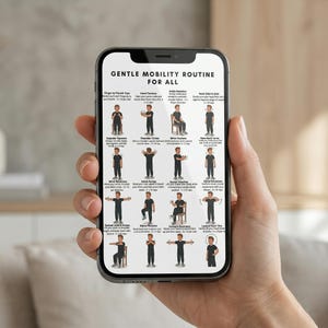 May include: A smartphone displays a "Gentle Mobility Routine for All" guide. The screen shows illustrated exercises, including finger-to-thumb taps, hand flexions, and ankle rotations. The phone is held in a hand, with a blurred background.