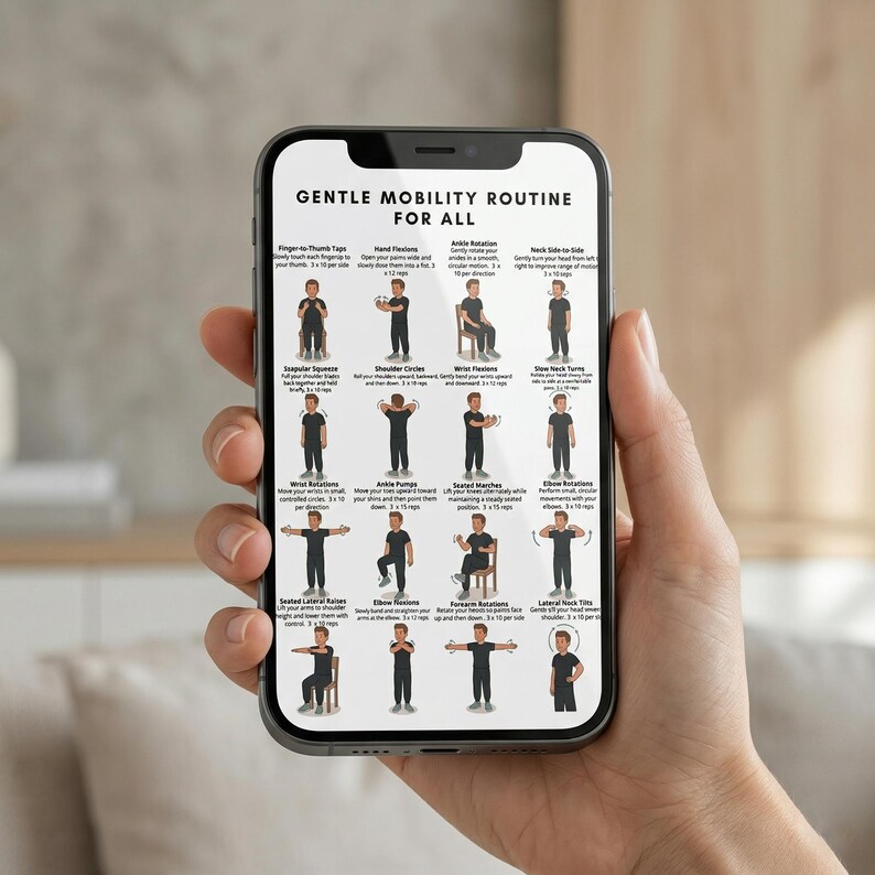 May include: A smartphone displays a "Gentle Mobility Routine for All" guide. The screen shows illustrated exercises, including finger-to-thumb taps, hand flexions, and ankle rotations. The phone is held in a hand, with a blurred background.