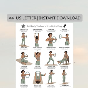 Könnte beinhalten: Ein Ganzkörper-Workout-Guide mit Pilates-Ring. Das druckbare Poster zeigt illustrierte Übungen, darunter Ring Chest Press, Overhead Squeeze und Pulse Press. Der Text oben lautet "A4 | US LETTER | INSTANT DOWNLOAD".