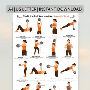 Op de afbeelding: Een afdrukbare A4-trainingsgids voor oefeningen met een medicijnbal gericht op arm- en borstspieren. De gids bevat illustraties van oefeningen zoals bankdrukken, biceps curls en push-ups. De tekst bovenaan luidt "A4 | US LETTER | INSTANT DOWNLOAD".