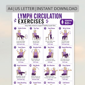May include: A white poster with the title "Lymph Circulation Exercises" and illustrations of exercises for seniors. The poster includes instructions for ankle circles, toe taps, heel raises, and other exercises.