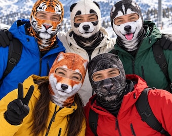 May include: Five balaclavas featuring realistic animal face prints including a tiger, panda, husky, fox, and black panther. Each head covering has a single cutout for the eyes and nose, designed to be worn over the head for warmth in cold weather.