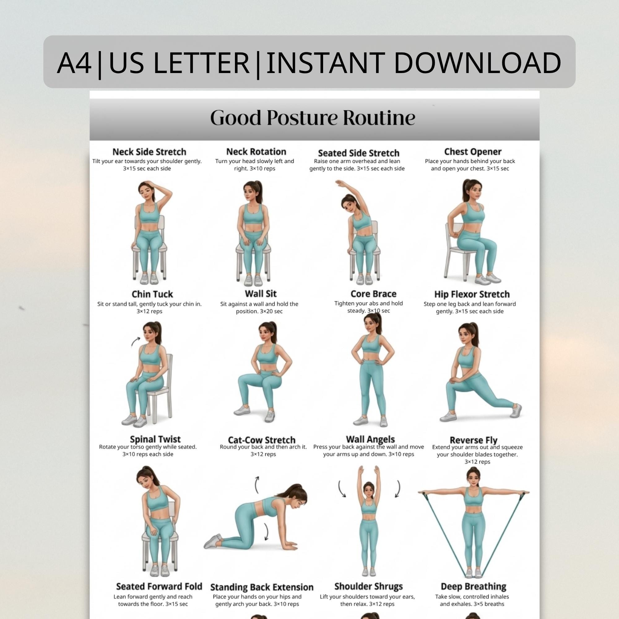 Good Posture Exercises Chart | Printable Back and Neck Workout Poster ...