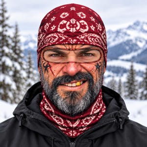 May include: A full-face balaclava featuring a dark red and white bandana-style paisley print. The fabric includes a printed graphic of a bearded face with a single gold tooth, star markings near the eyes, and a horizontal eye opening.