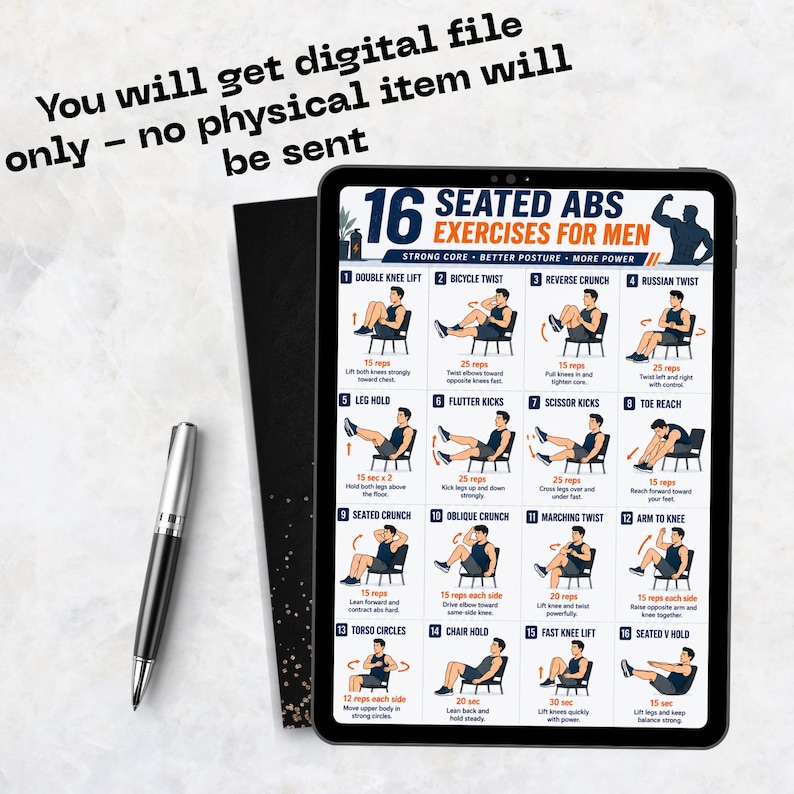 Puede incluir: Una gu&iacute;a de fitness digital en una tableta, con 16 ejercicios abdominales sentados para hombres. La tableta es negra, con un bol&iacute;grafo negro y un cuaderno negro a la izquierda. El texto en la parte superior dice: "Recibir&aacute;s un archivo digital, no se enviar&aacute; ning&uacute;n art&iacute;culo f&iacute;sico."