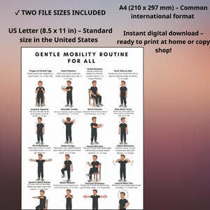 May include: A digital print with a gentle mobility routine for all. The print includes illustrations of exercises such as finger-to-thumb taps, hand flexions, ankle rotations, and neck side-to-side stretches. The print is available in US Letter (8.5 x 11 in) size.
