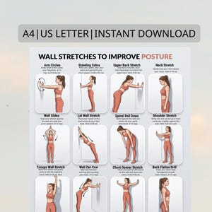 Può includere: Un poster stampabile intitolato "Esercizi di stretching a muro per migliorare la postura" con esercizi illustrati. Il poster include istruzioni per cerchi con le braccia, cobra in piedi, stretching della parte superiore della schiena, stretching del collo, ecc.