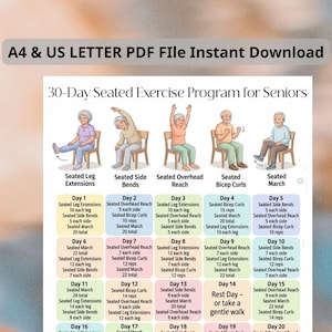 May include: A PDF file titled "A4 & US LETTER PDF File Instant Download" with a 30-day seated exercise program for seniors. The program includes illustrations of exercises like leg extensions, side bends, and bicep curls.