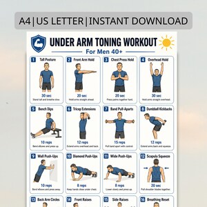Puede incluir: Una guía de entrenamiento imprimible titulada "Under Arm Toning Workout For Men 40+". La guía presenta ejercicios ilustrados con instrucciones, incluyendo Tall Posture, Front Arm Hold, Chest Press Hold y Overhead Hold. Descarga instantánea.