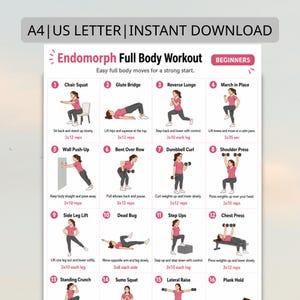 May include: A printable workout guide for beginners, labeled "Endomorph Full Body Workout." The guide features illustrated exercises like chair squats, glute bridges, and dumbbell curls. The text includes "A4 | US LETTER | INSTANT DOWNLOAD."