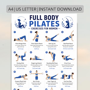 Peut inclure: Un guide d'entraînement imprimable intitulé "FULL BODY PILATES - EXERCICES POUR FEMMES". Le guide présente des exercices illustrés avec des instructions, notamment Glute Bridge Pulse, Side Leg Lift et Cat-Cow Flow. Le document est disponible en téléchargement immédiat.