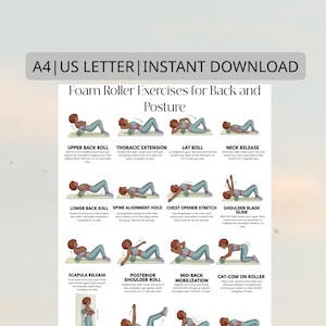 Op de afbeelding: Een witte poster met de tekst "A4 | US LETTER | INSTANT DOWNLOAD" bovenaan. Daaronder staat "Foam Roller Exercises for Back and Posture". De poster illustreert verschillende oefeningen met een foamroller, waaronder Upper Back Roll en Thoracic Extension.