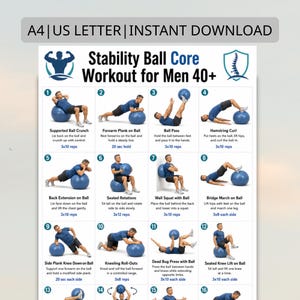 Stabilitetsboll Core Workout för män 40+ | Swiss Ball Träningsschema PDF | Hemmaträningsrutin | Utskrivbar Core för män
